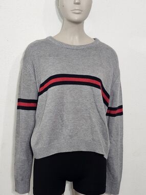 Cotton Emporium Grey Crewneck Sweater with Red and Black Stripes